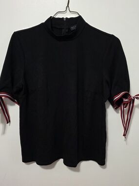 Eloquii Black Mock Neck Short-Sleeve Top with Red and White Tie Sleeves